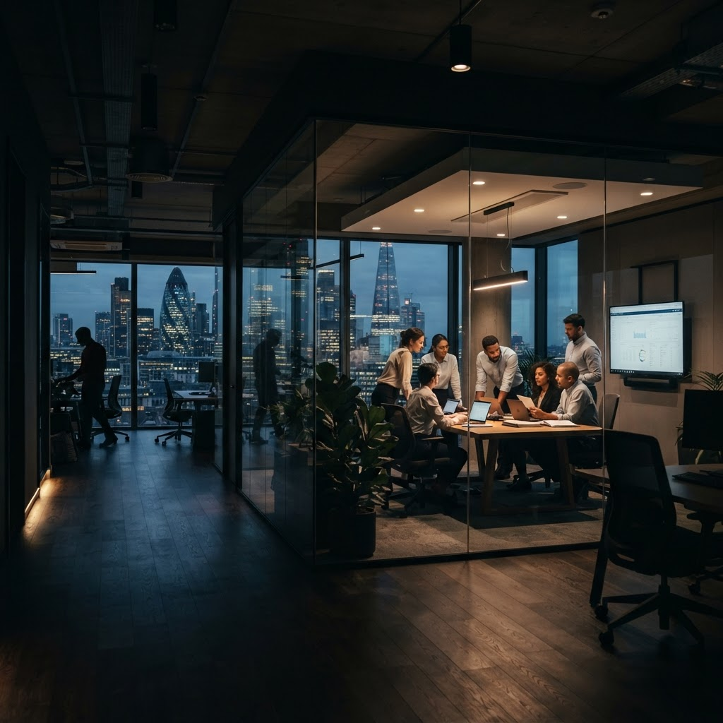 Modern corporate office at dusk