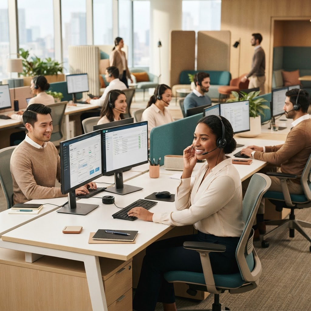 Operations and support team working in a managed office